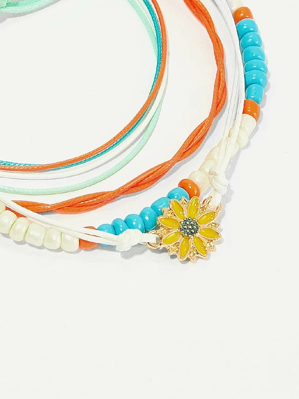Flower & Layered Strings Anklet 4pcs