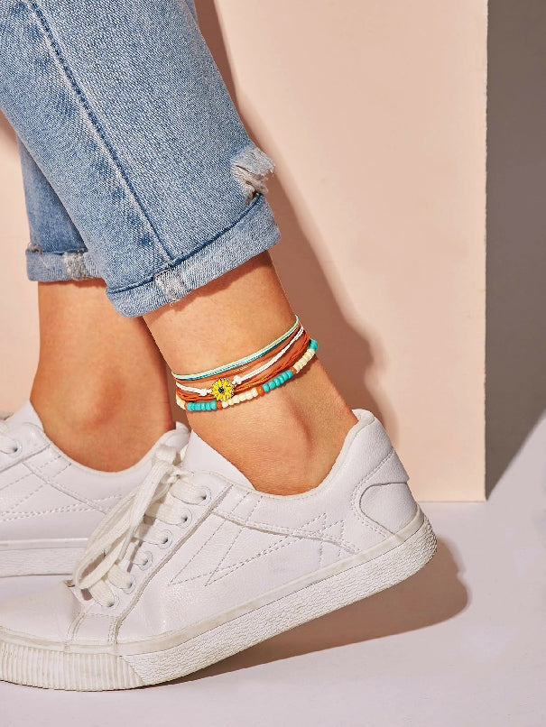 Flower & Layered Strings Anklet 4pcs