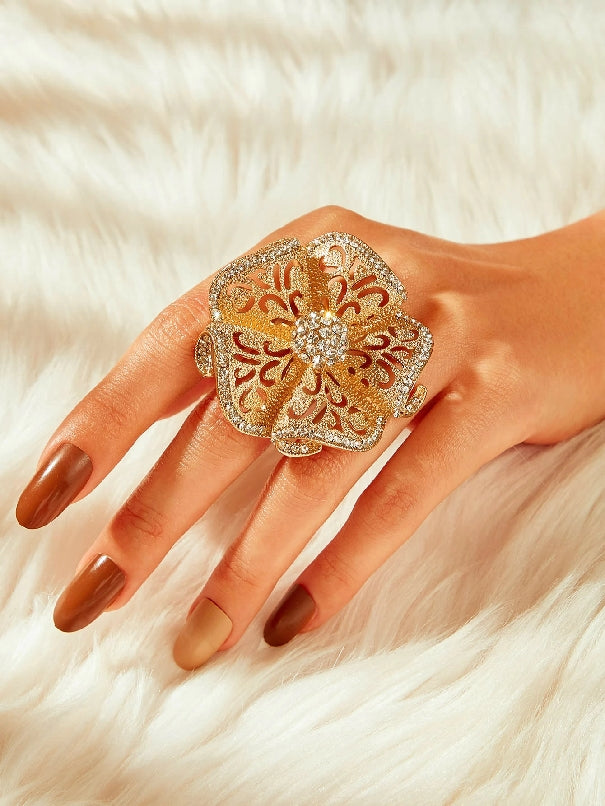 Rhinestone Engraved Hollow Flower Ring