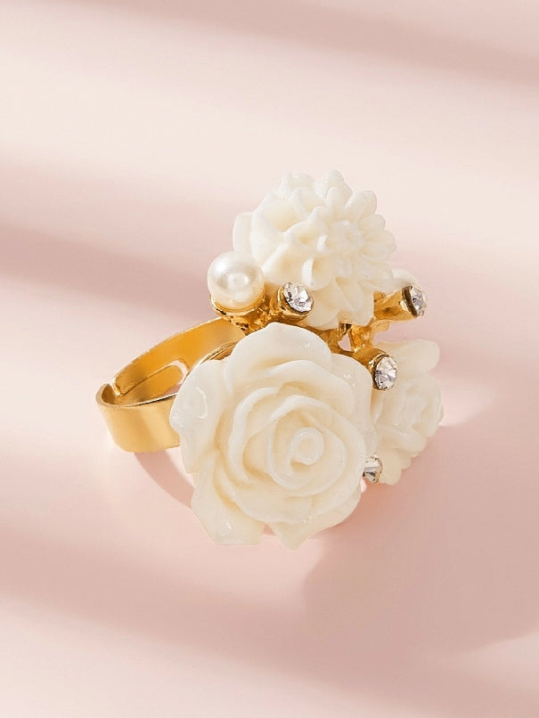 Flower & Rhinestone Decor Ring