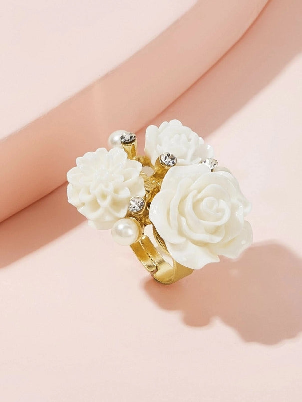Flower & Rhinestone Decor Ring