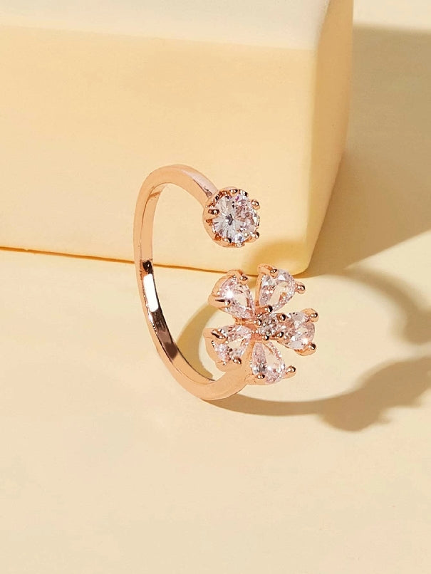 Rhinestone Engraved Flower Design Cuff Ring