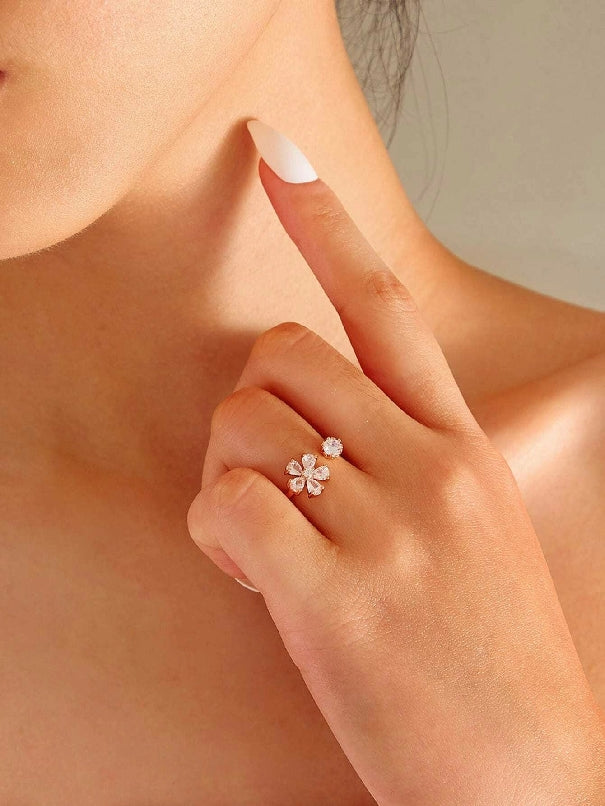 Rhinestone Engraved Flower Design Cuff Ring