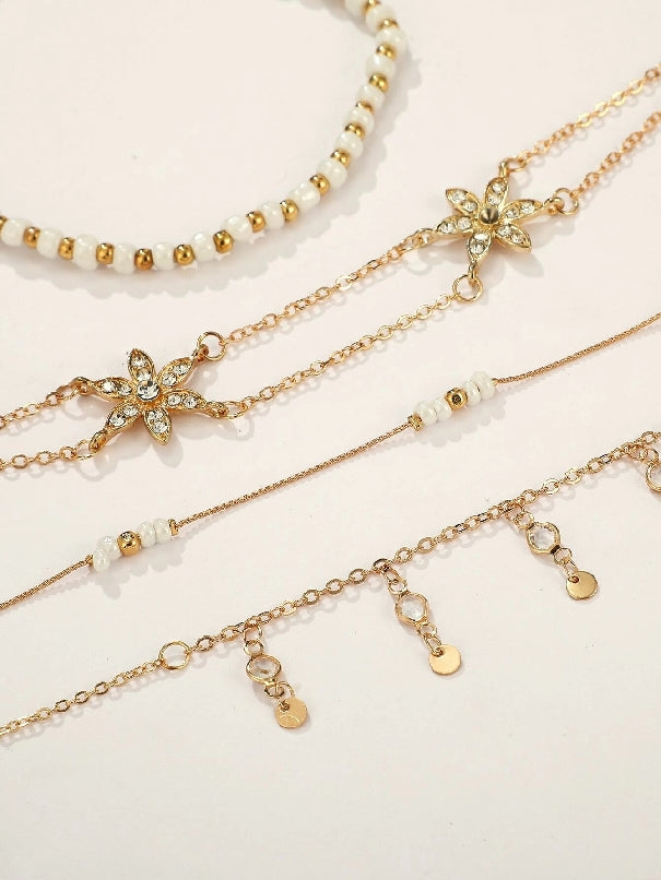 Rhinestone Engraved Star & Disc Decor Chain Anklet 4pcs