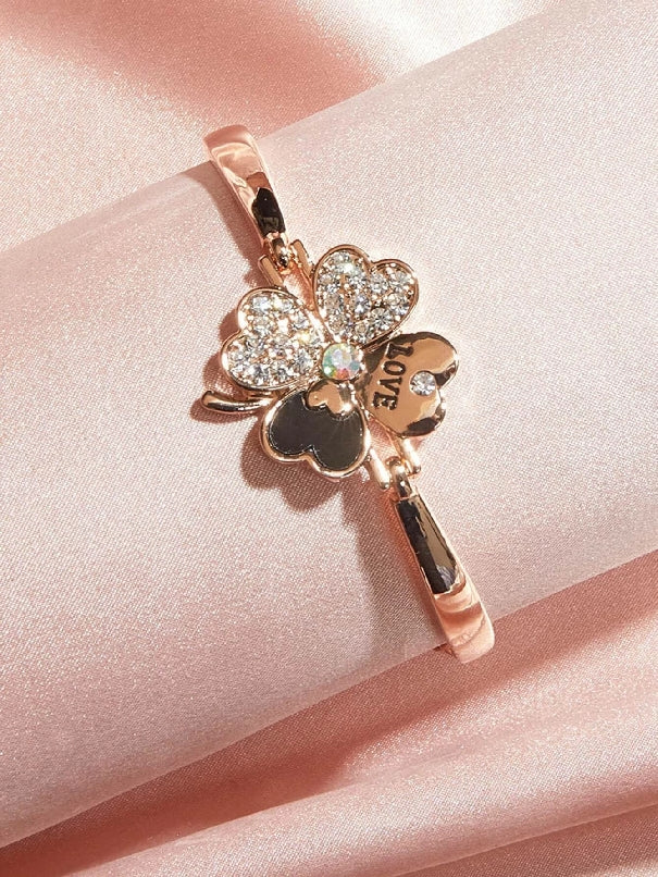 Rhinestone Engraved Clover Decor Bracelet