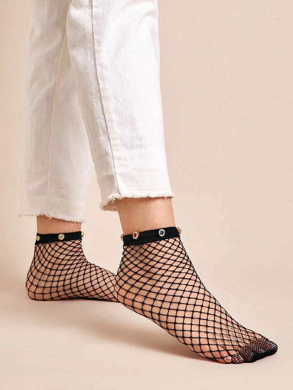 Rhinestone Engraved Fishnet Socks