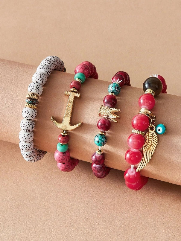 Eye & Anchor Charm Beaded Bracelet Set