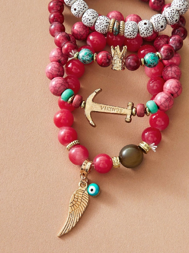 Eye & Anchor Charm Beaded Bracelet Set