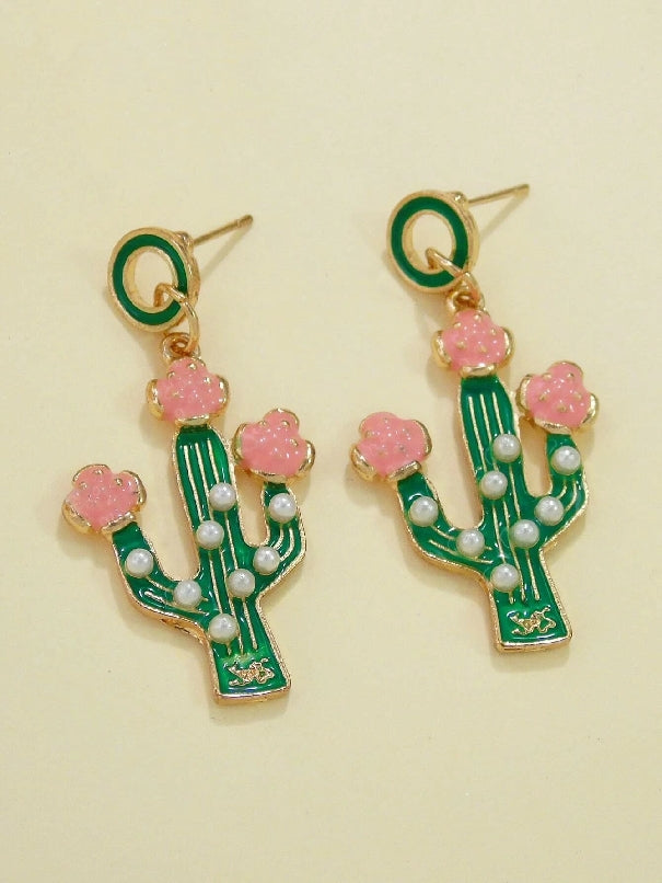 Cactus with Faux Pearl  Drop Earrings