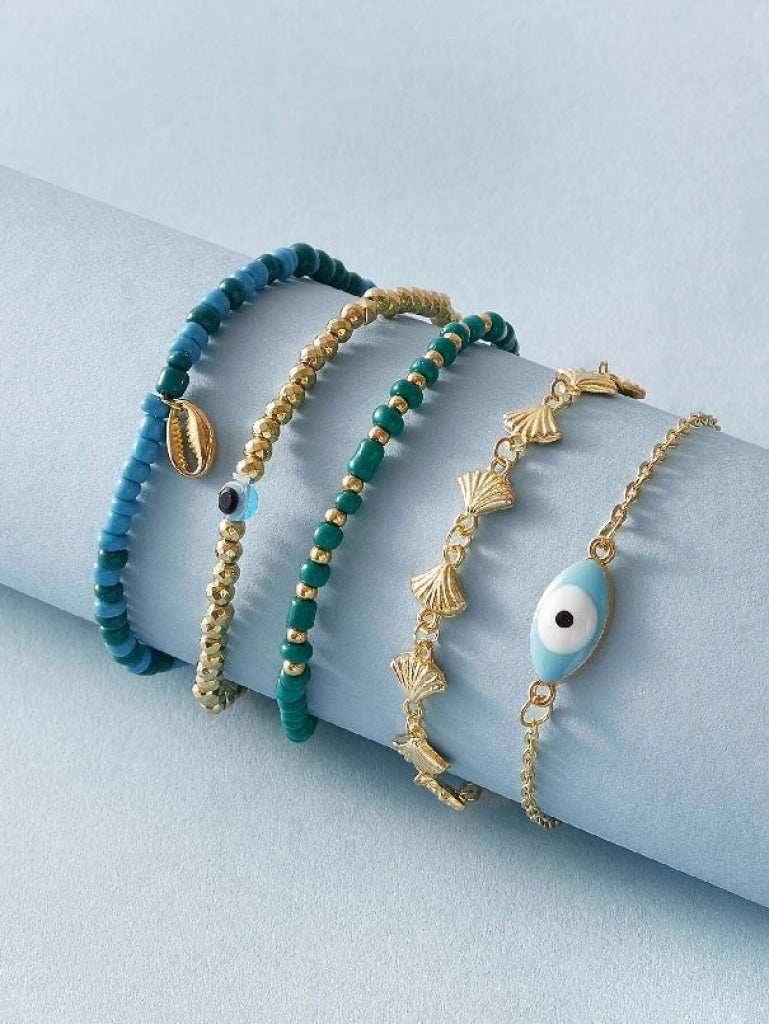 5Pcs Shell & Eye Decor Anklet Gold Jewerly