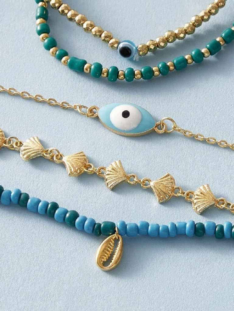 5Pcs Shell & Eye Decor Anklet Jewerly