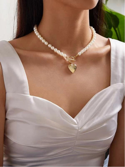 Heart Charm Faux Pearl Decor Necklace