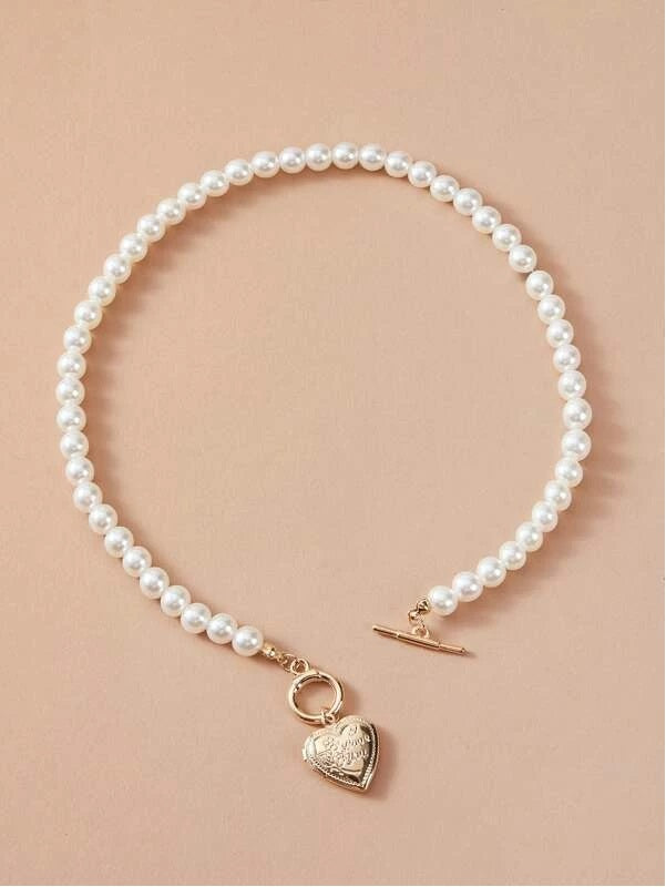 Heart Charm Faux Pearl Decor Necklace