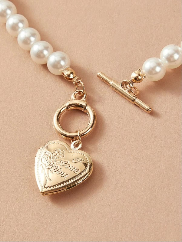 Heart Charm Faux Pearl Decor Necklace