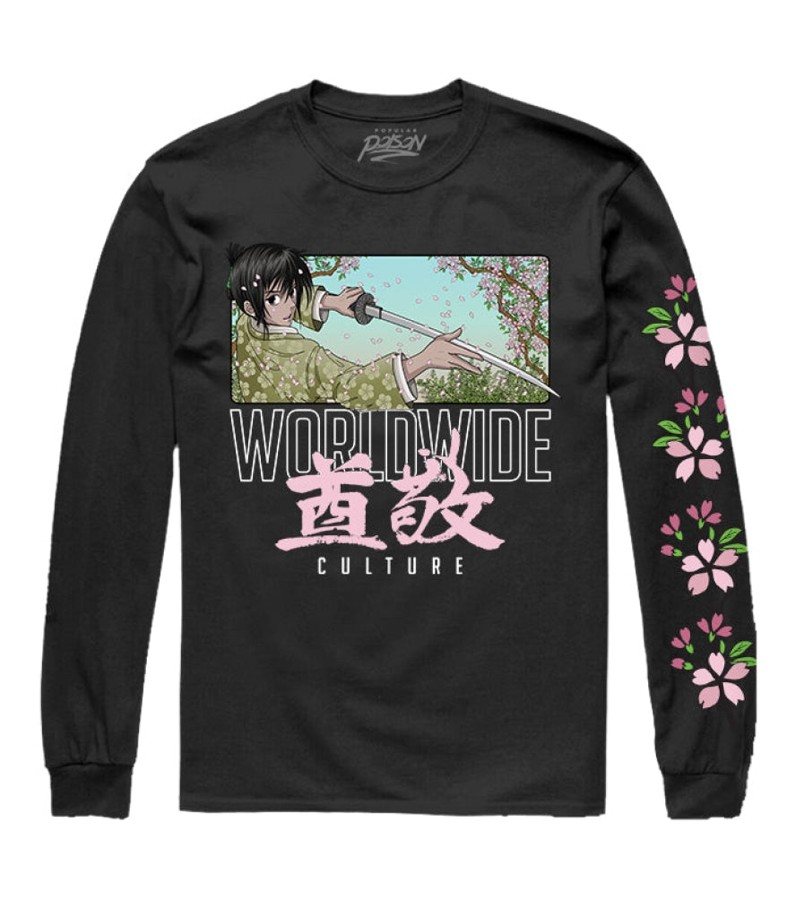 Cherry Blossom Anime Long Sleeve Tee S / Black