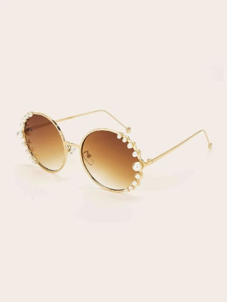 Faux Pearl Decor Round Sunglasses Brown Sunglasses