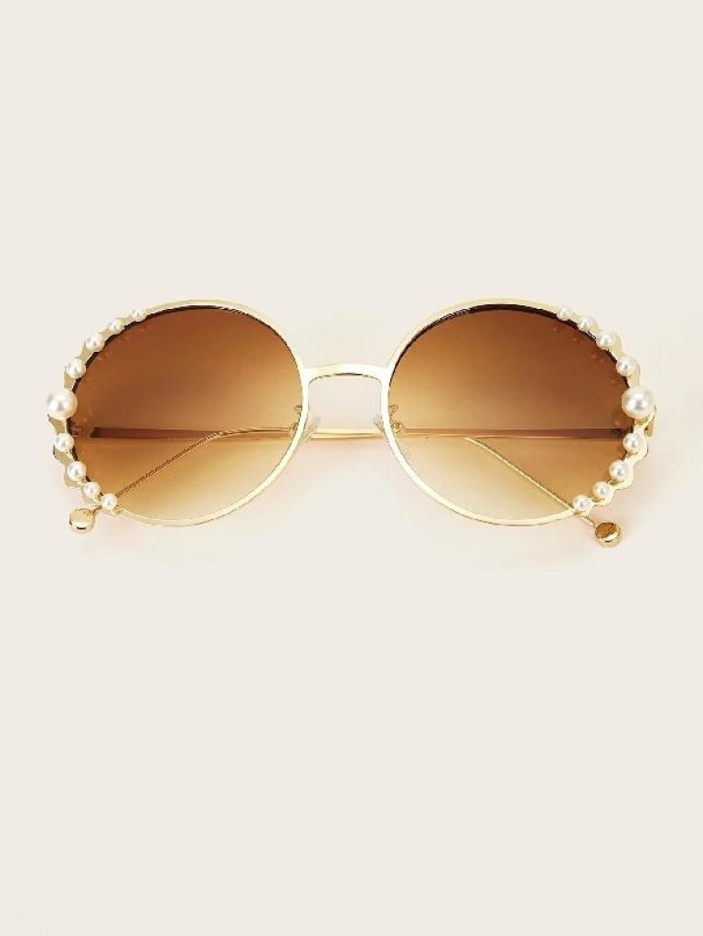 Faux Pearl Decor Round Sunglasses Brown Sunglasses