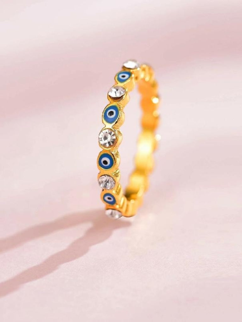 Rhinestone Engraved Evil Eye Pattern Ring Gold Jewerly